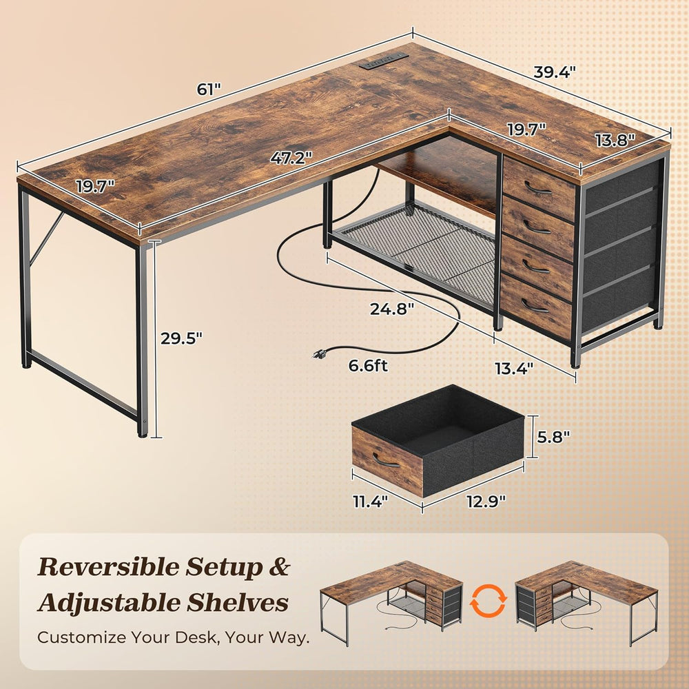 PRAISUN 61" L Shaped Desk with Power Outlets and USB-C Port, Reversible ...