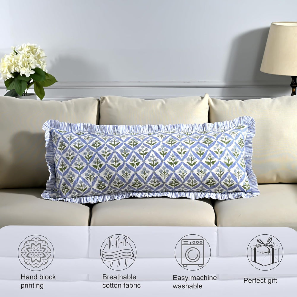 Ridhi Light Steel Blue Block Print Ruffle Pillow Sham 36x14 Inch Set of 1