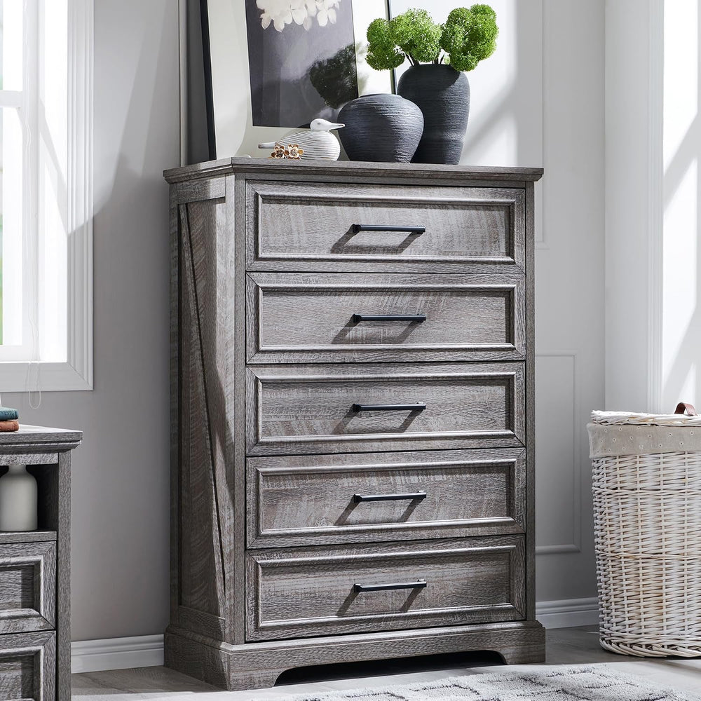 Farmhouse 5 Drawers Dresser Chests for Bedroom, Gray