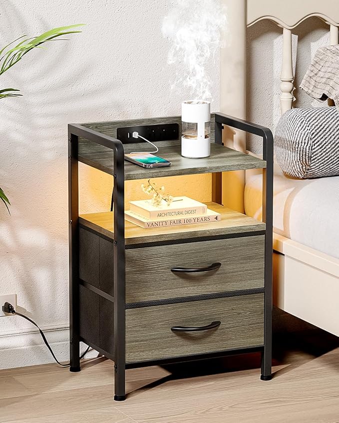 Night Stand Bedside Charger Bedroom - Grey Nightstand with Charging Station &...