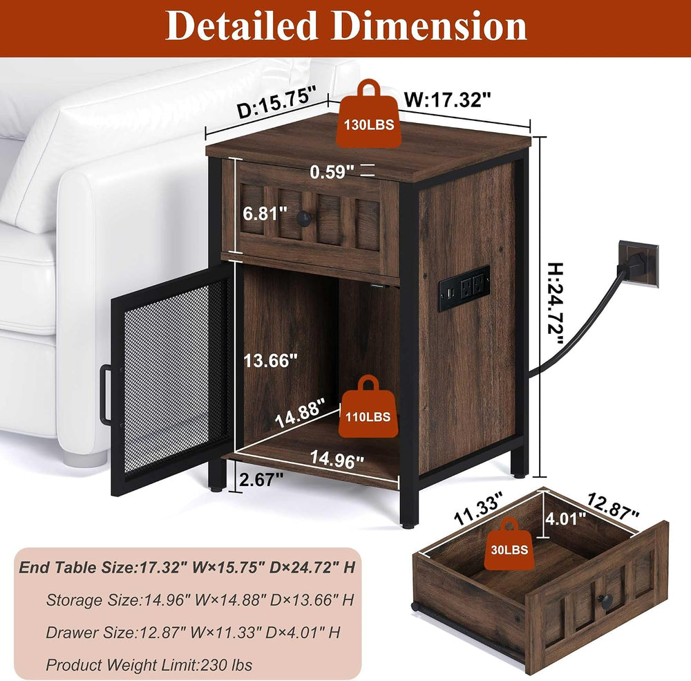 FATORRI End Table with Charging Station, Farmhouse Side Table with Drawer, Ru...