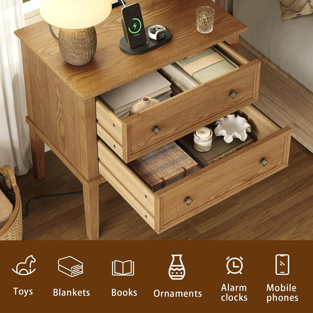 IKENO Solid Wood Nightstand with Charging Station, Wooden End Table with 2 So...