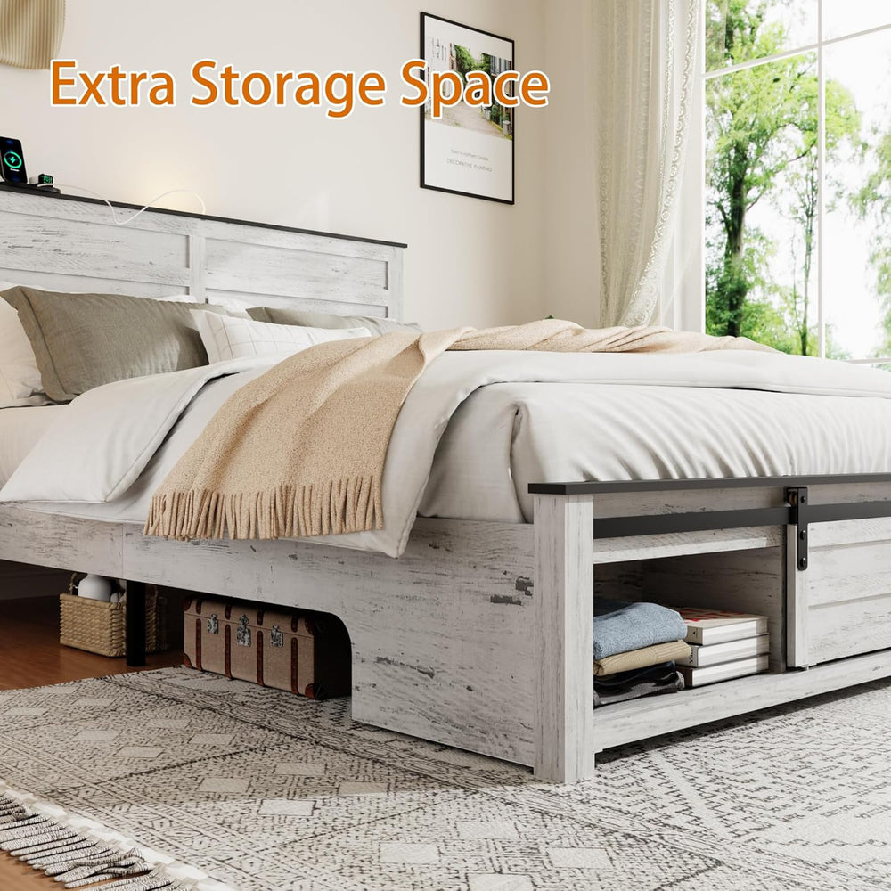 Wooden Queen Bed Frame with Headboard, Farmhouse Storage, Barn Door