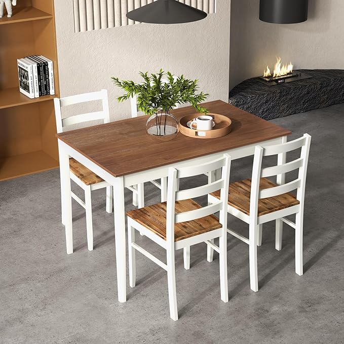 COSTWAY Dining Table Set for 4, Wood Kitchen Table Chairs Set with Rubber Woo...