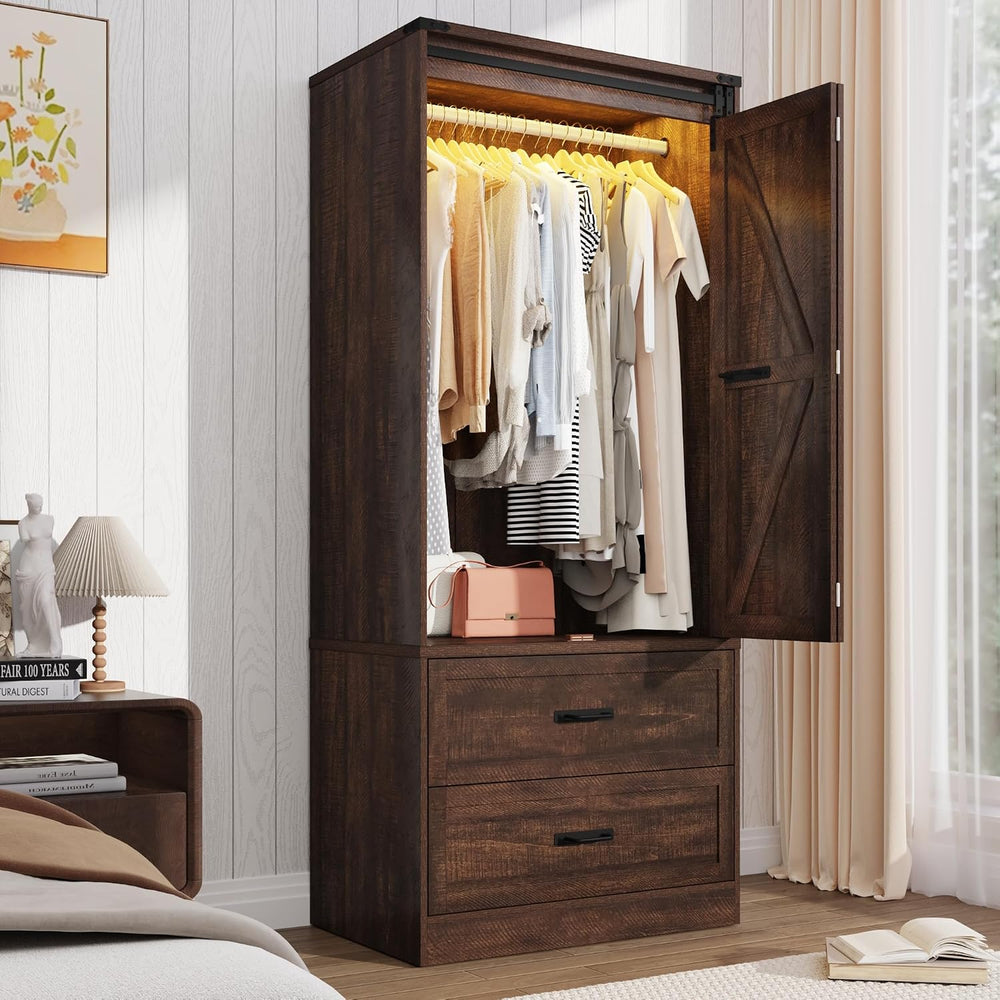 2 Doors Armoire Wardrobe Closet w/ Folding Sliding Barn Door,Brown