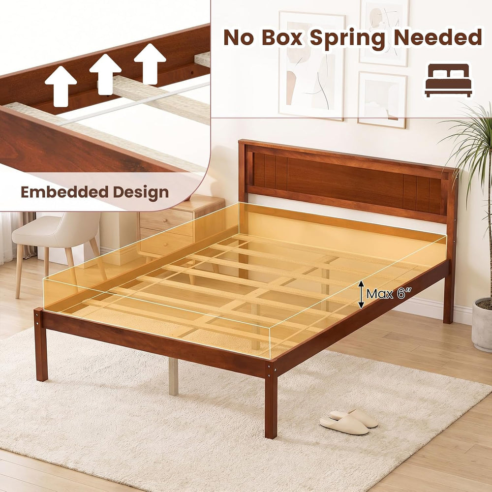 KOMFOTT Full Size Wood Platform Bed Frame with Headboard, Solid Wood Bed Fram...