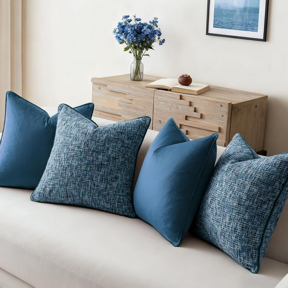 a moment Blue 4 Pack Throw Pillow Covers - Chenille & Velvet Set with Pip...