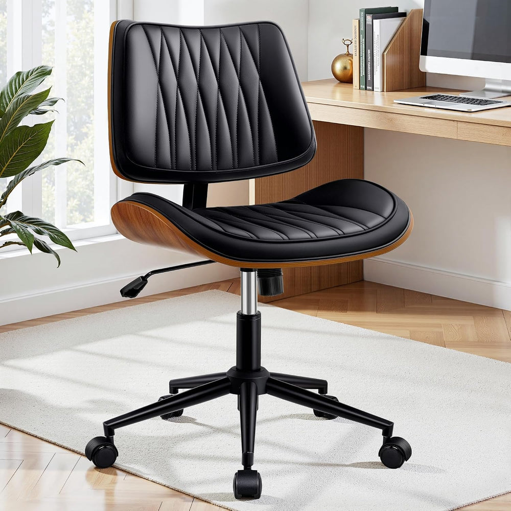 Ergonomic Armless Office Desk Chair - Mid-Century Modern Black Faux Leather w...