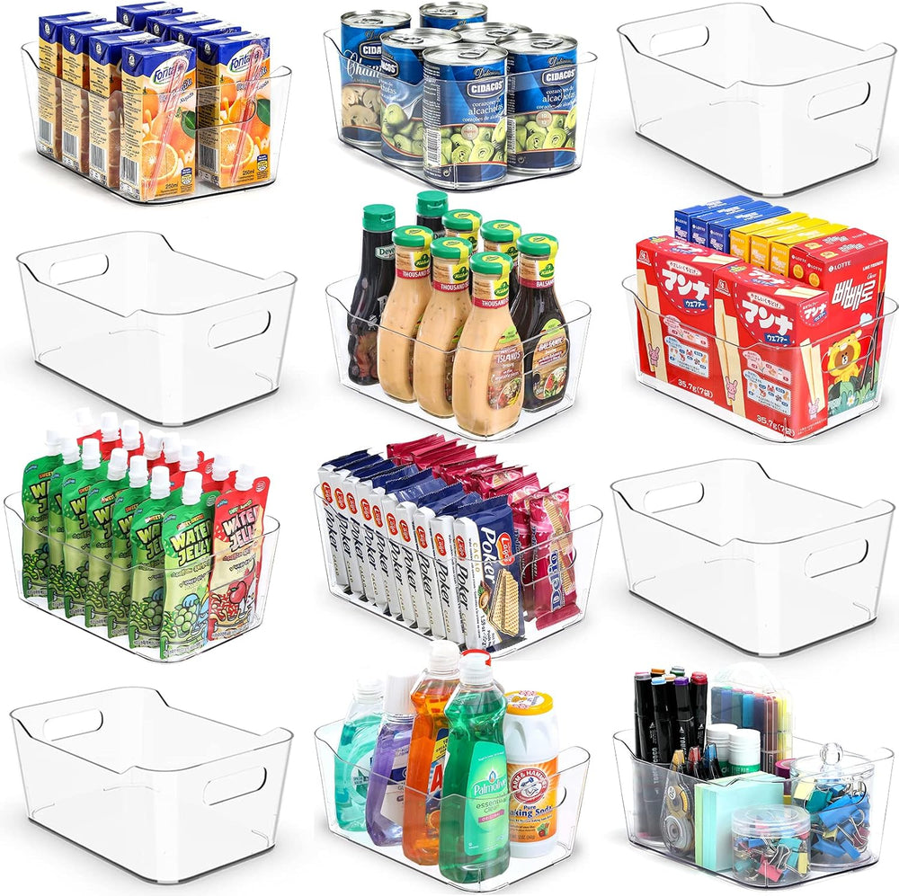 12 PACK Multi-Use Clear Storage Bins, Pantry Kitchen Cabinet Organizer Bins