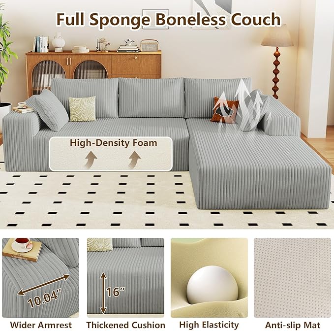 96" Modular Sectional Couch, Boneless L Shaped Cloud Sofa with Chaise Lo...