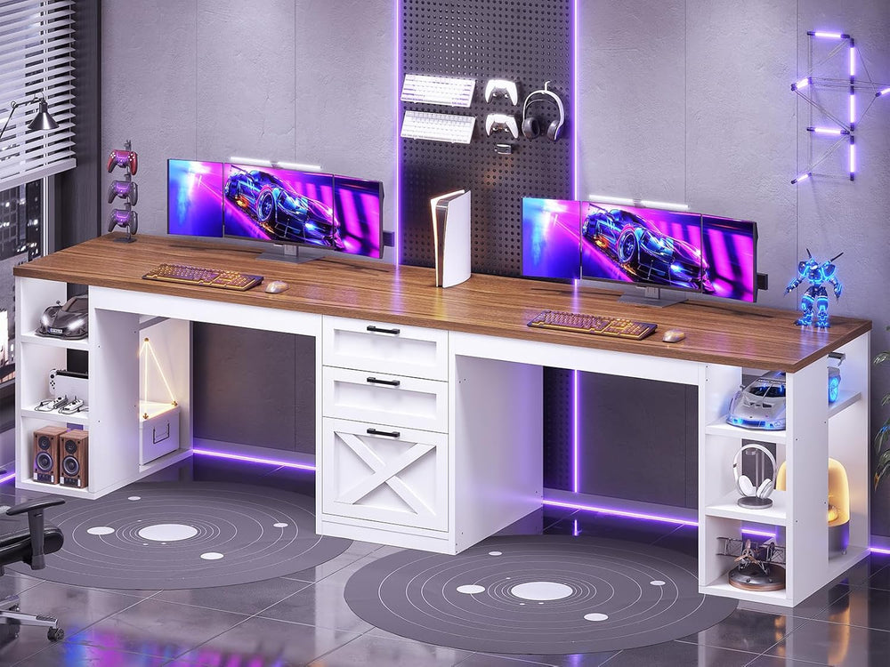 SEDETA Farmhouse 96.5" Computer Desk with Drawers, 2 Person Home Office ...