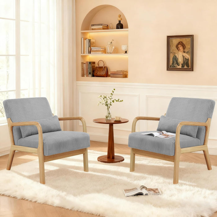 Youtanic Accent Chair Set of 2, Mid-Century Modern Armchair with Waist Cushion, Fabric Lounge Reading Chair with Wood Frame, Comfy Sitting Seat for Living Room, Bedroom, Balcony, up to 450lbs, Gray