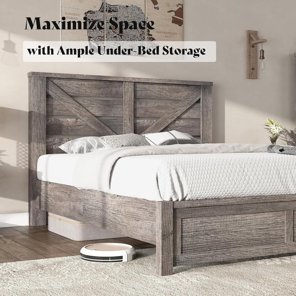 AMERLIFE Farmhouse Queen Size Bed Frame with 49.2"Barn Door Headboard, Gray