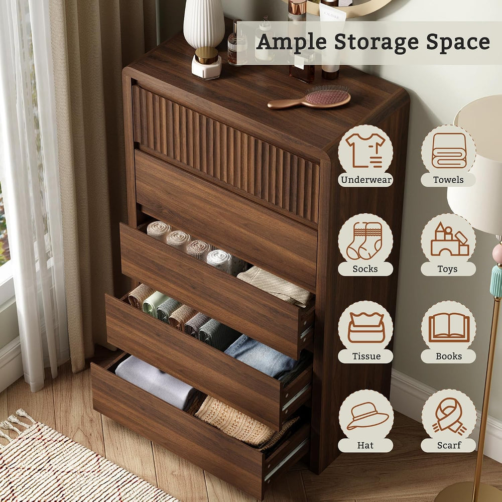 LYNSOM Walnut Fluted 5 Drawer Dresser for Bedroom, Curved Edge, 48" Tall