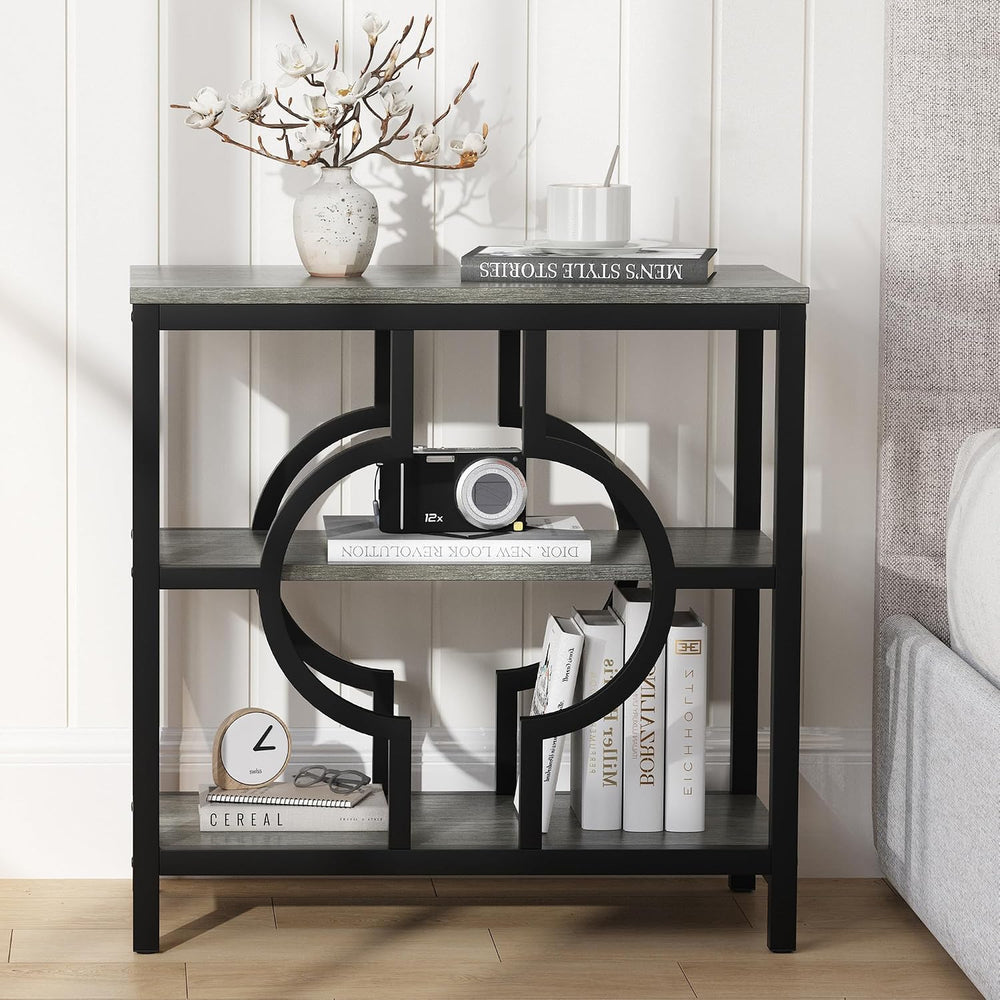 End Table, Narrow Side Table with 3-Tier Storage Shelves, Wood Sofa Side Tabl...