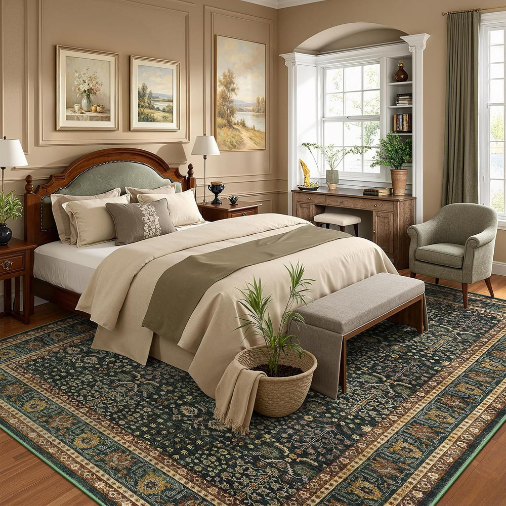 10x14 Washable Area Rug for Living Room, Non-Slip Green Boho Carpet
