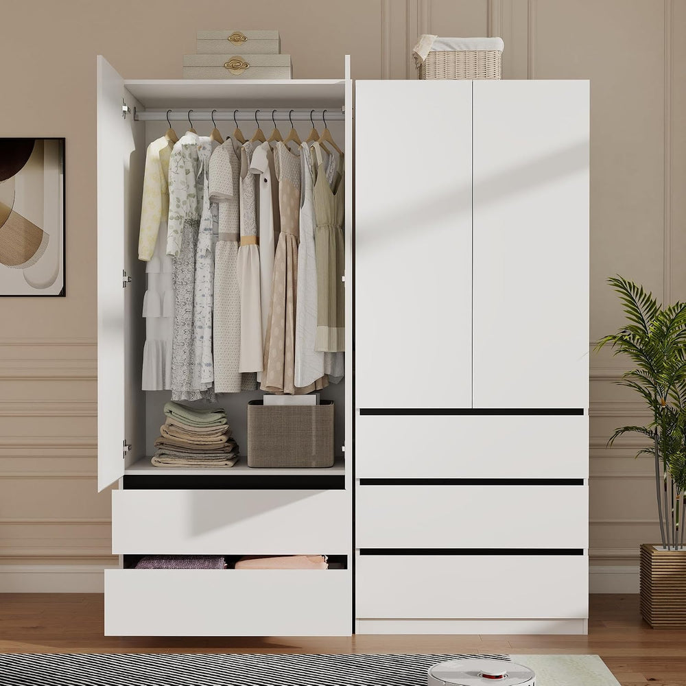 White Armoire Wardrobe Closet with 4 Drawers, 75" Tall x 63" Wide