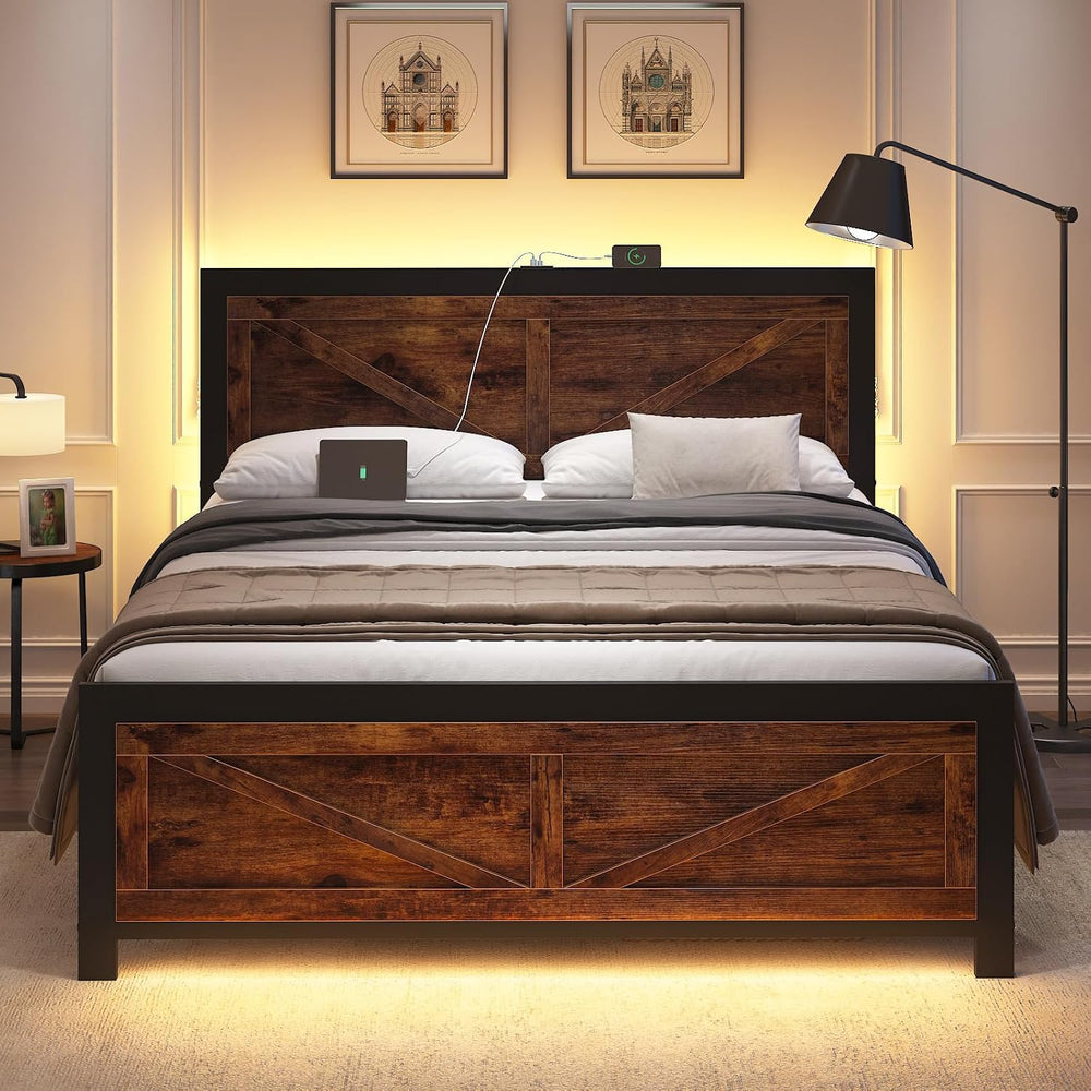 DOGIBIXO Full Size Bed Frame with Led Lights and Charging Station, Platform F...