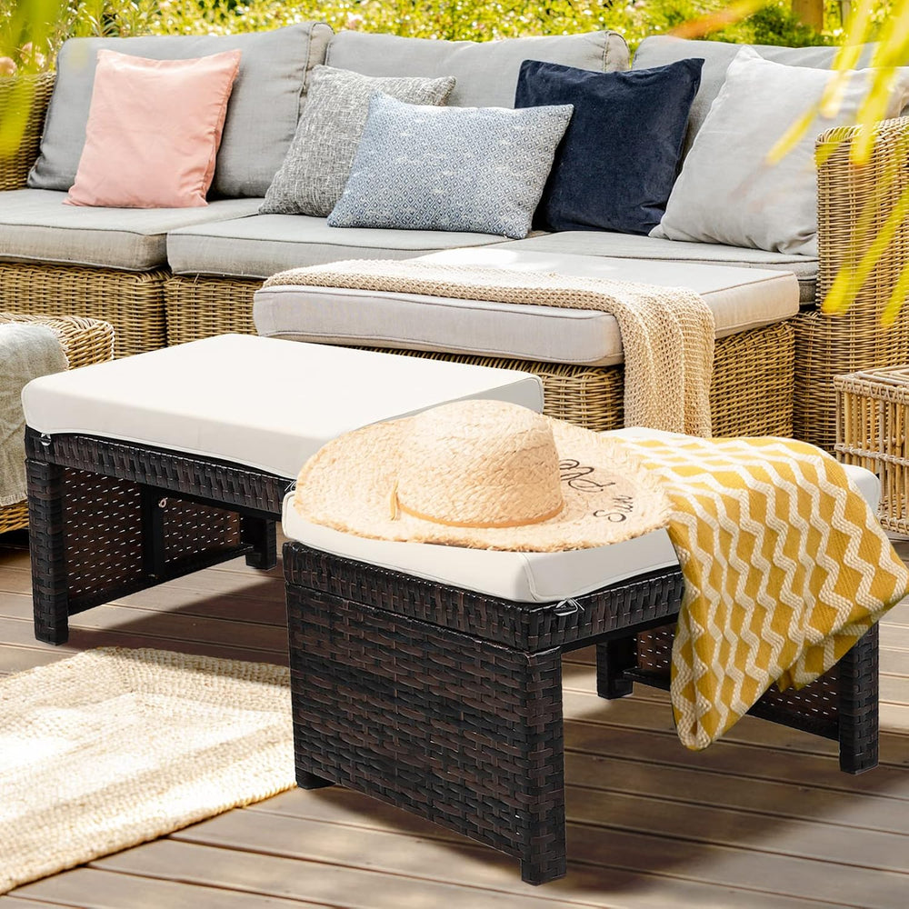 2-Piece Wicker Ottomans, Outdoor Rattan Foot Rest Set of 2 w/Removable Cushio...