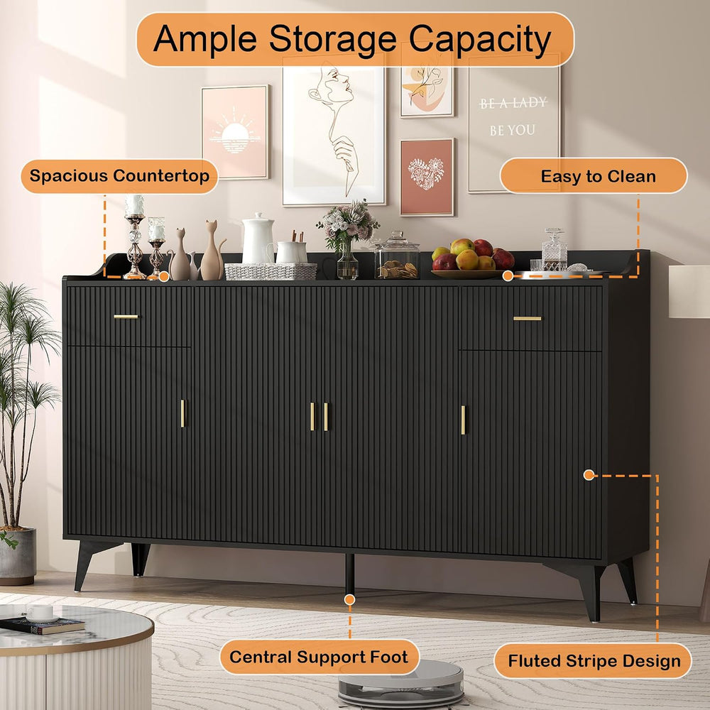 Sideboard Buffet Cabinet with Drawers: 63" Black Fluted Sideboard Cabine...