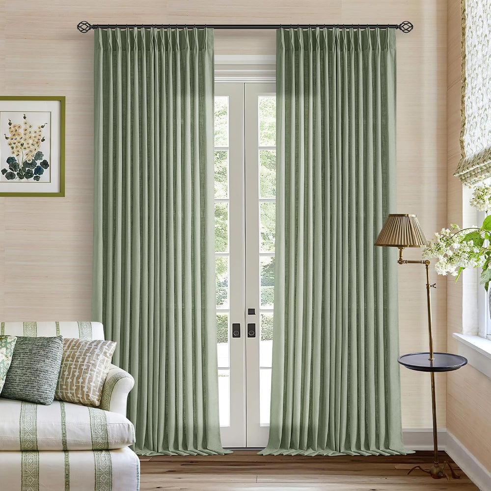 Pinch Pleated Sage Green Thick Linen Curtains 96 Inch Length 2 Panels Set