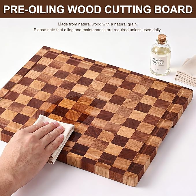 Checkered Cutting Board with Stand, Dual-Sided Wood Cutting Board with Juice