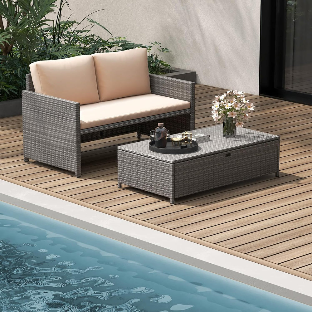 Tangkula Outdoor Rattan Daybed, Wicker Loveseat & 31 Gallon Storage Ottom...