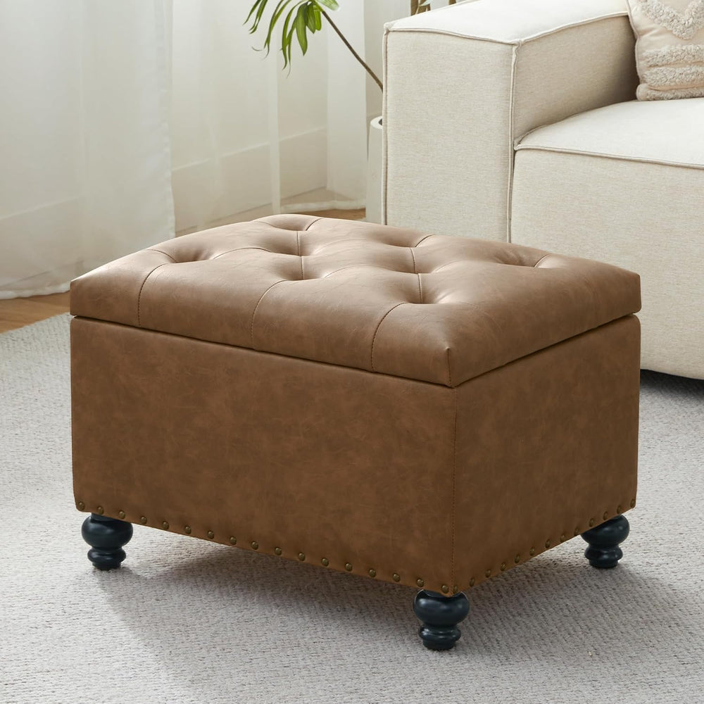 Zihanhome Leather Ottoman with Storage, Upholstered Button Tufted Ottoman Foo...