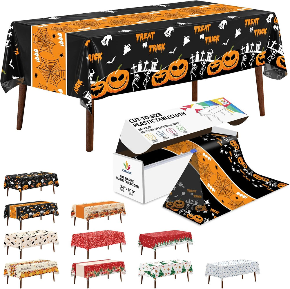 54 Inch X 100 Feet Plastic Table Cover Roll Disposable Halloween Tablecloth w...