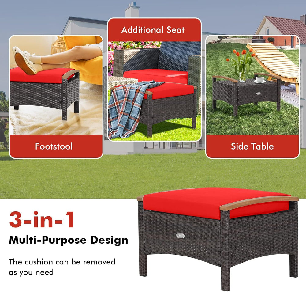 Tangkula 2 Piece Patio Rattan Ottomans, Outdoor Wicker Footstool w/Acacia Woo...