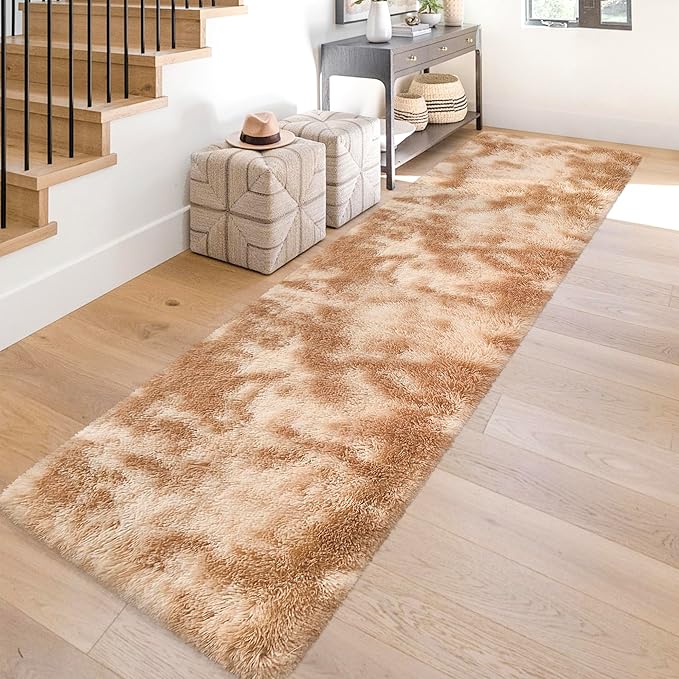 Super Soft Fluffy Living Room Area Rugs 2x10 ft Tie-Dyed Beige Shaggy Furry