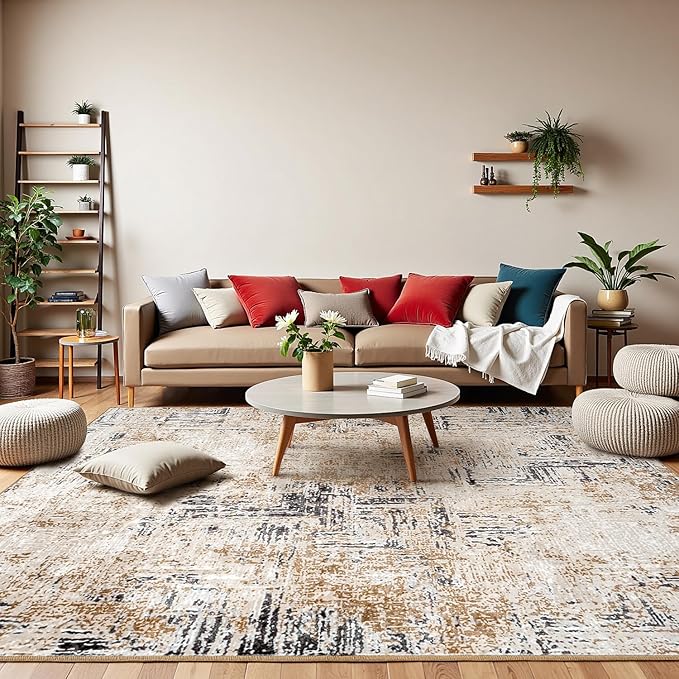Rugflix 8x10 Washable Area Rugs, Neutral Boho Carpet Living Room Rug Non Slip