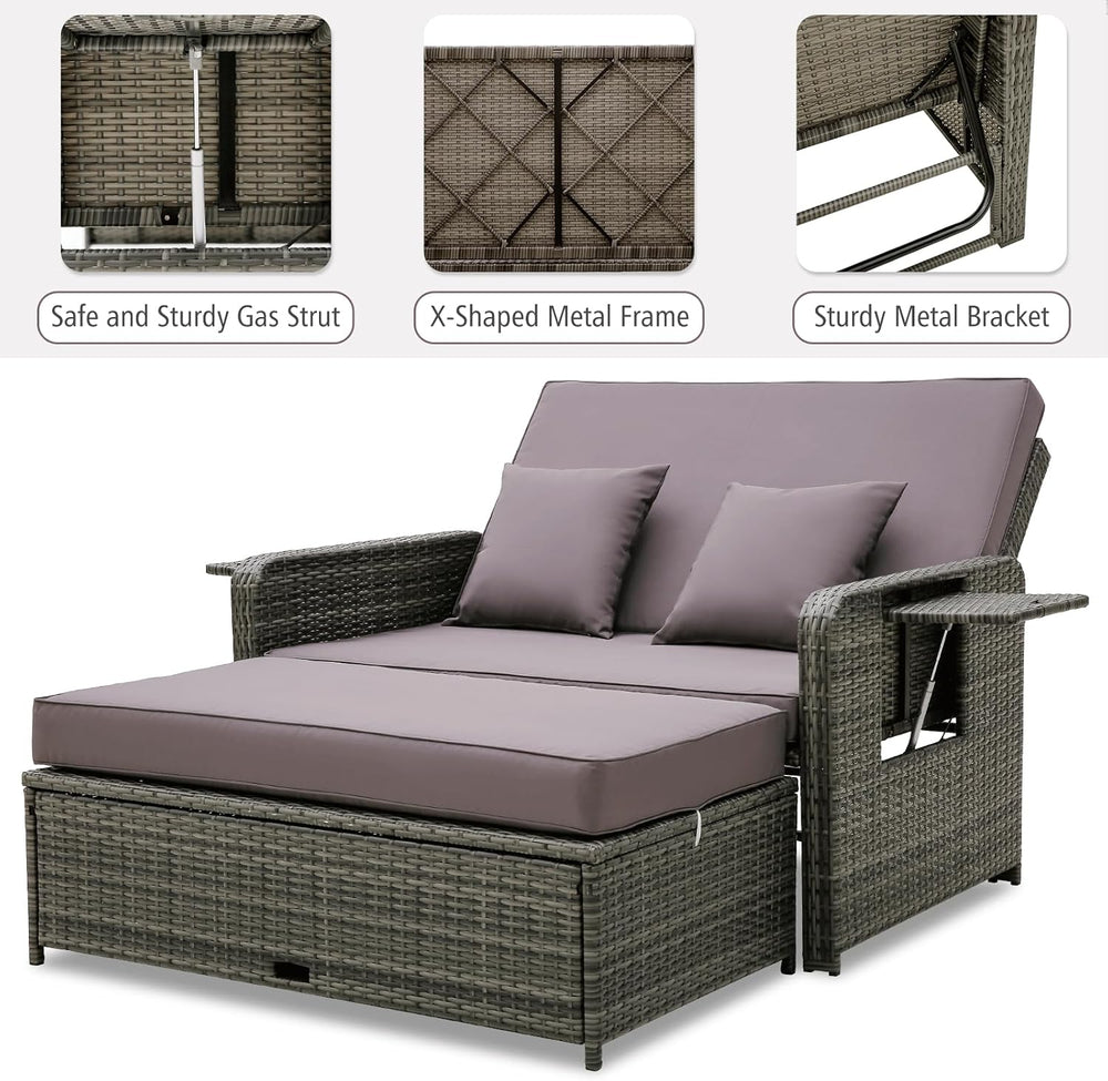Multigot Double Rattan Daybed, 4-Level Adjustable Wicker Sun Lounger with Sto...