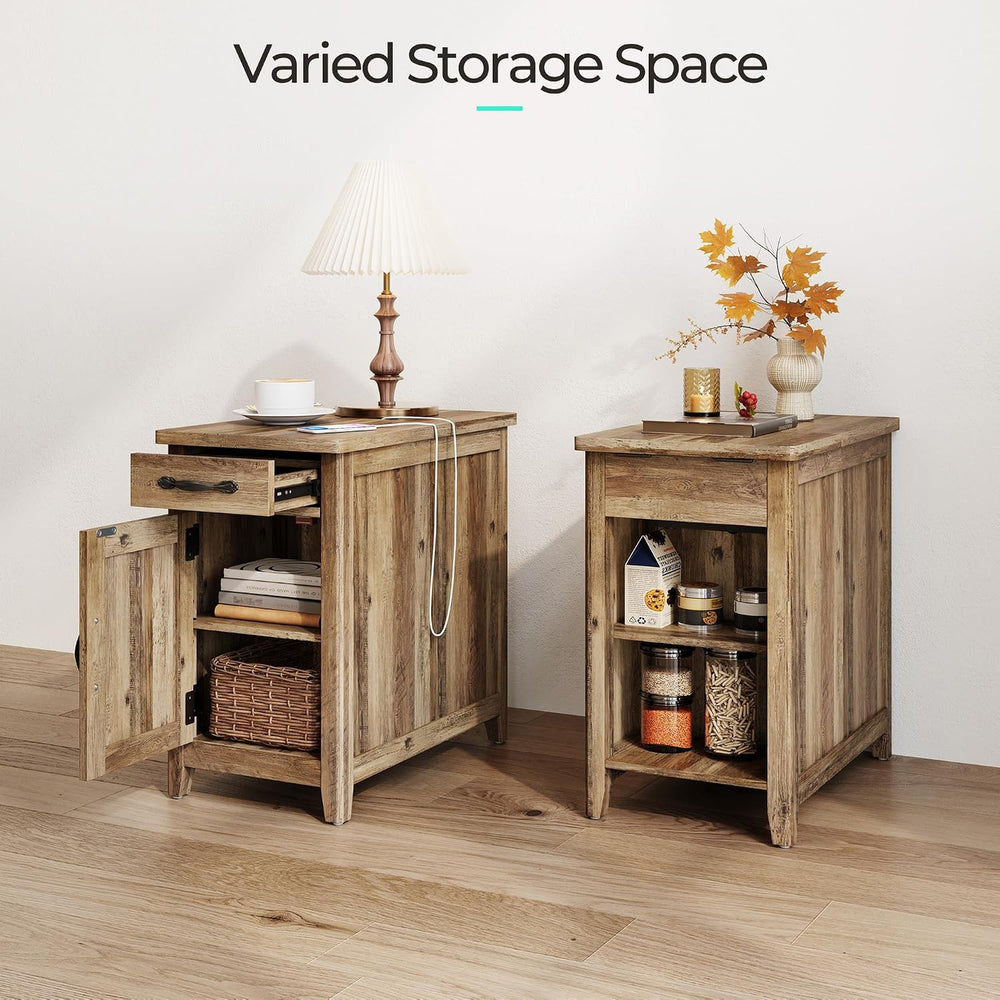 LINSY HOME Charging End Table with USB Ports, Wooden Door, Brown
