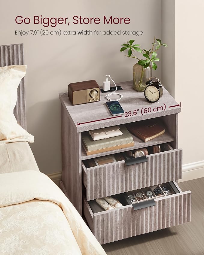 VASAGLE MAXE Collection - Nightstand with Charging Station, Bedside Table, Si...