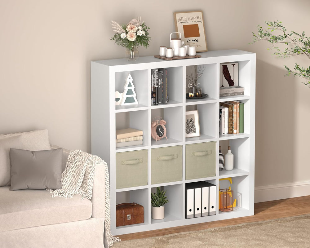 furtble Bookshelf with Storage Bins, 16-Cube Storage Organizer with Back Pane...