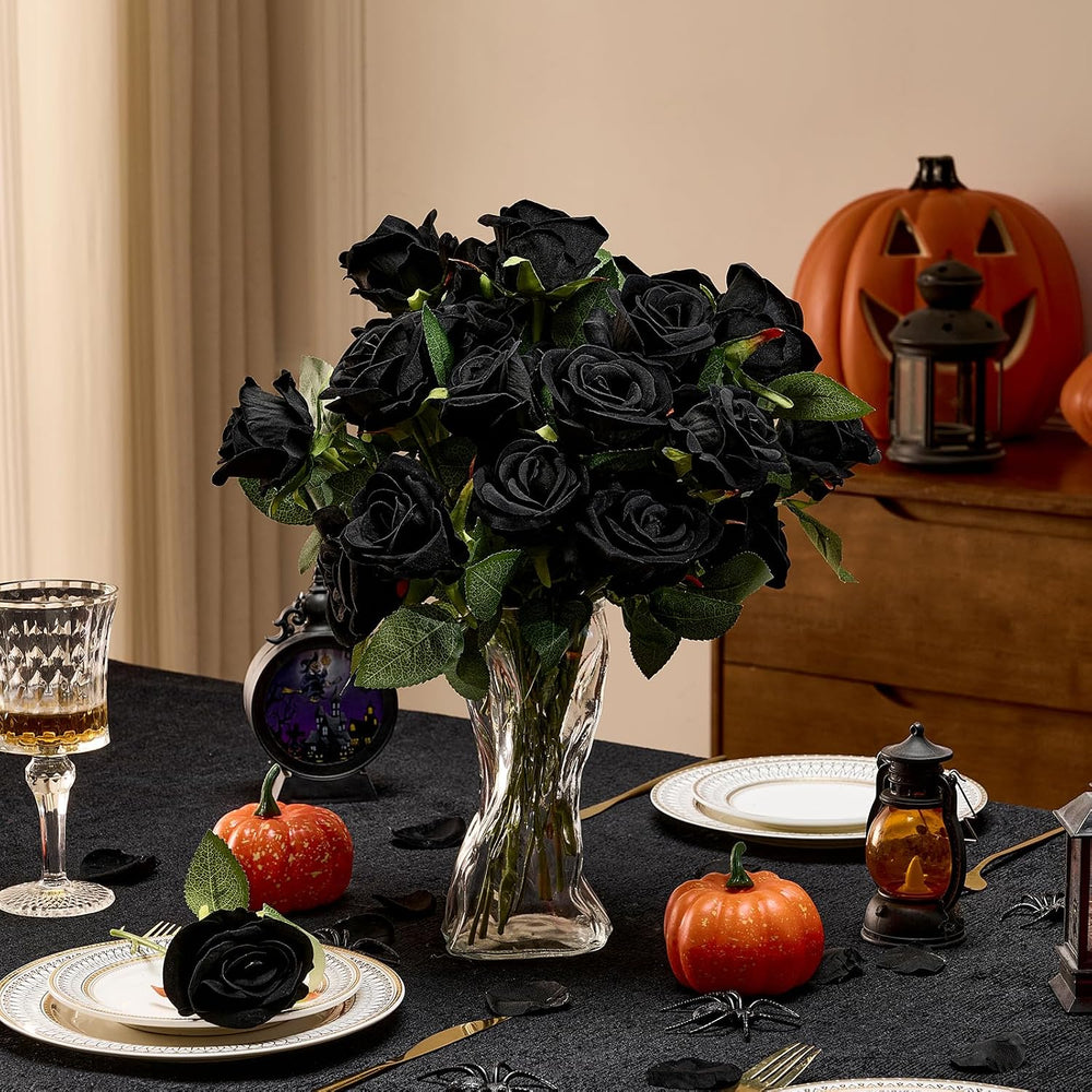 AmyHomie 48 PCS Black Roses, Velvet Realistic Fake Flowers w/Stems