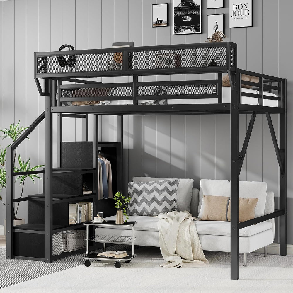 KEIKI Full Size Metal Loft Bed Frame with Convertible Staircase, Built-in Sto...