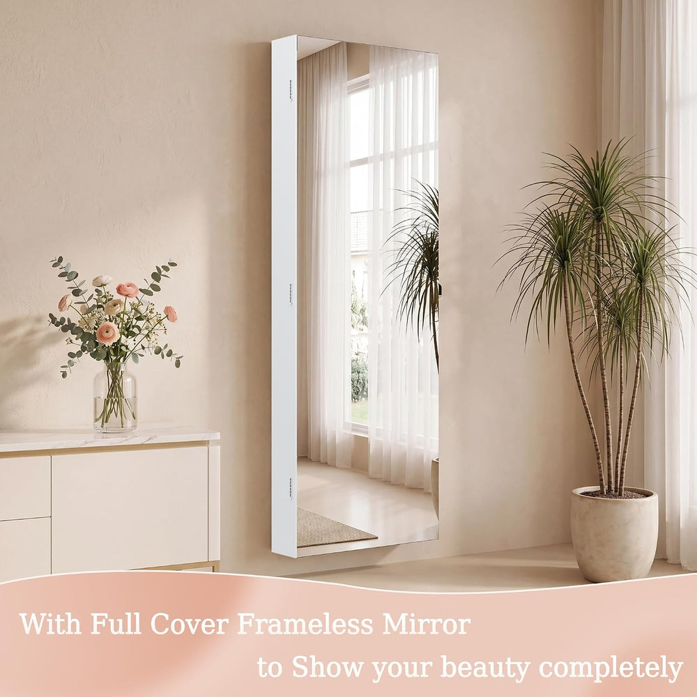 Unisakey Lockable Mirror Jewelry Cabinet LED Lights Wall Mount White | Door o...