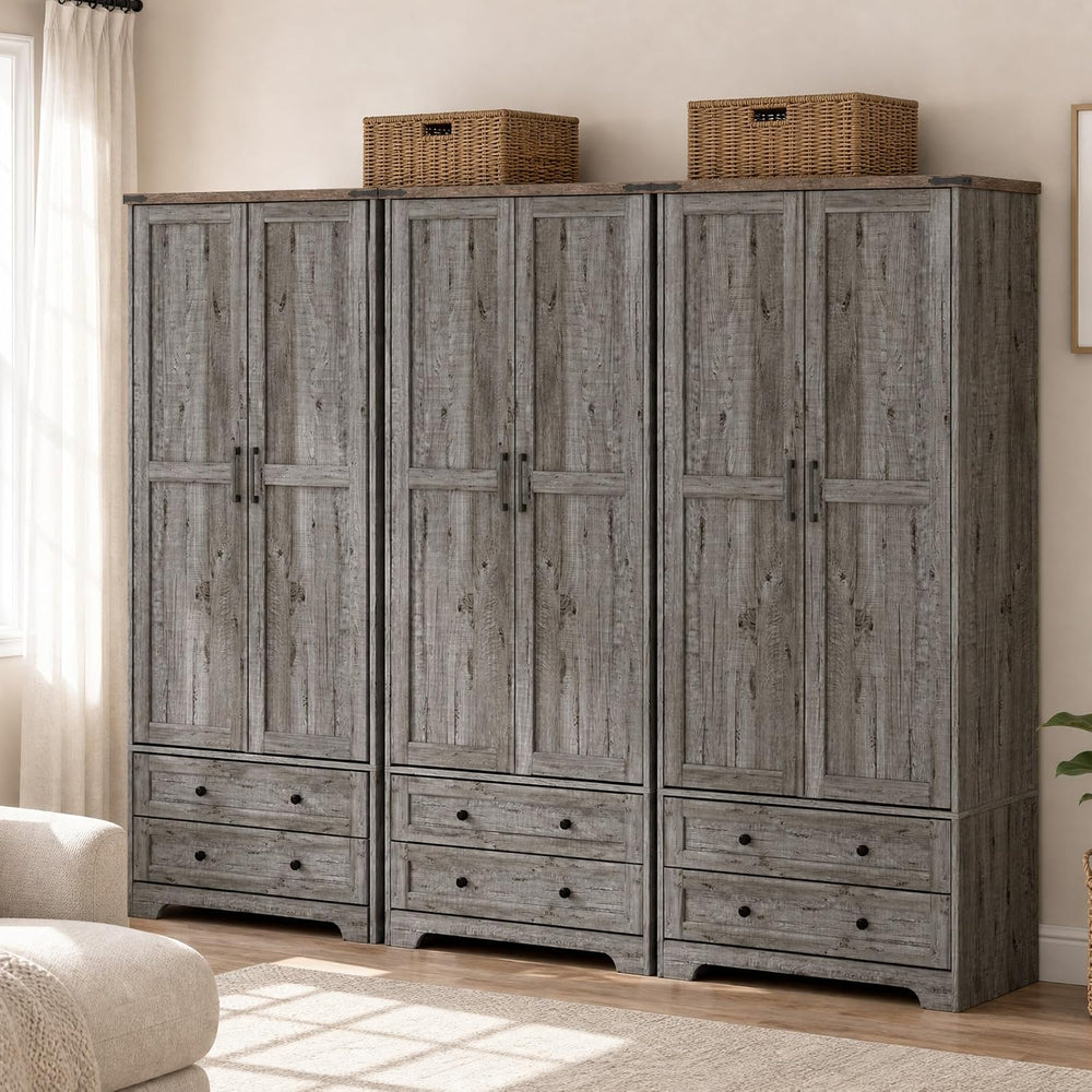 Brafab Wooden Armoire Wardrobe Closet with Drawers, Grey, Set of 3