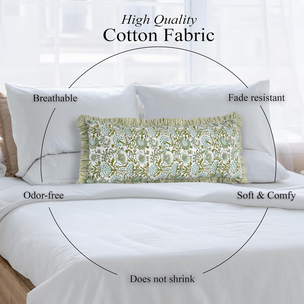 CPC Agate Green Block Print Ruffle Sham Pillow Cover 14x36 Inch, Pack of 1