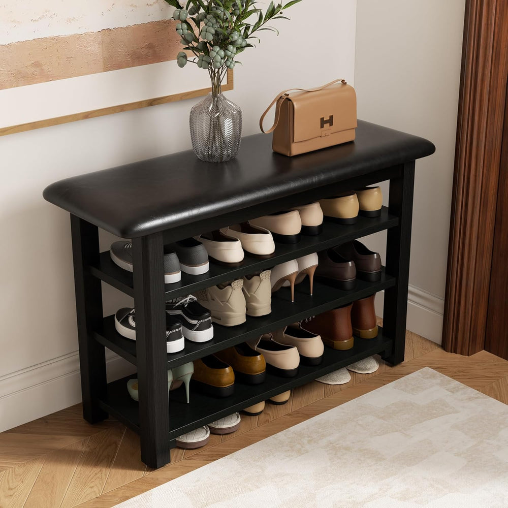 Shoe Rack Bench with Leather Cushion 3-Tier Shoe Rack Organizer for Entryway ...