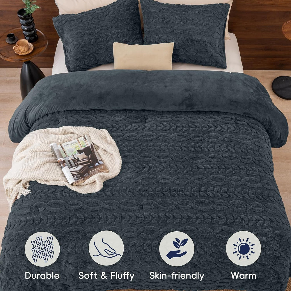 PHF Fluffy Sherpa Fleece Queen Comforter Set, 3 Pieces Warm Fuzzy Soft Beddin...