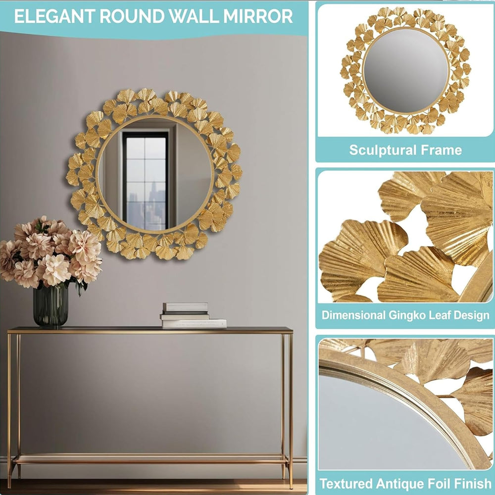Martha Stewart Wall Décor Large Gingko Leaf Round Wall Mirror for Living Room...