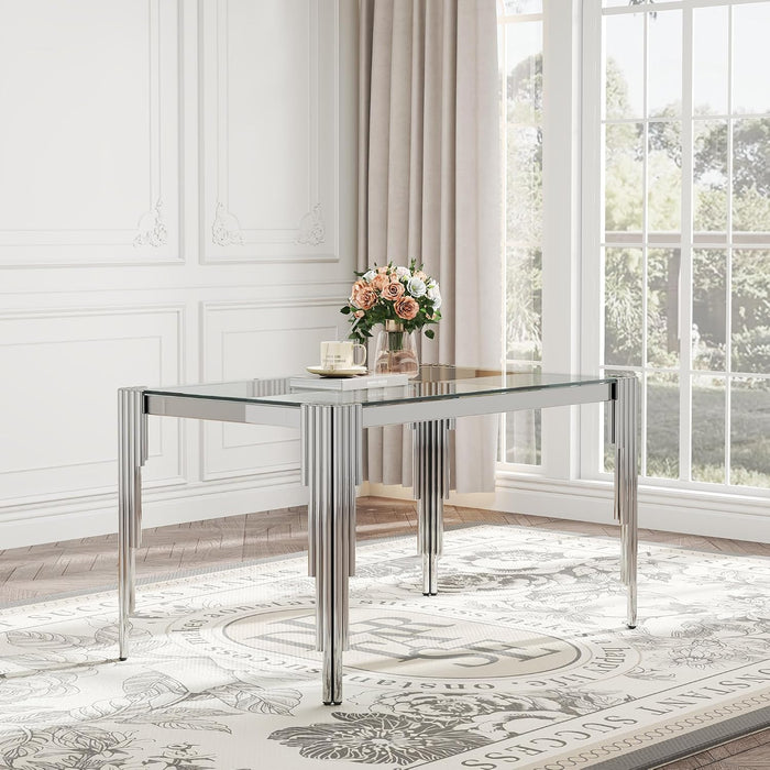 Modern Rectangle Glass Dining Table for 4-6 People, 53" Clear Tempered Glass Desktop with Silver Mirrored Stainless Steel Legs for Apartments, Dinner, Home Office