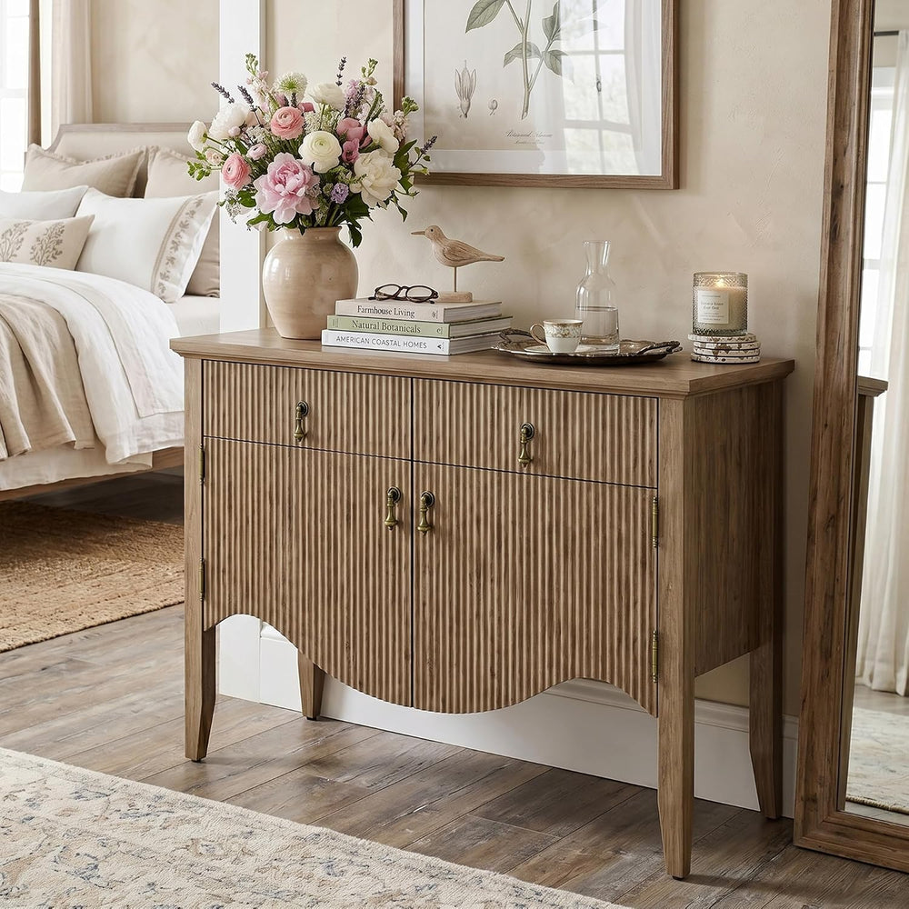 40" Fluted Buffet Storage Cabinet, Sideboard Credenza,Light Oak