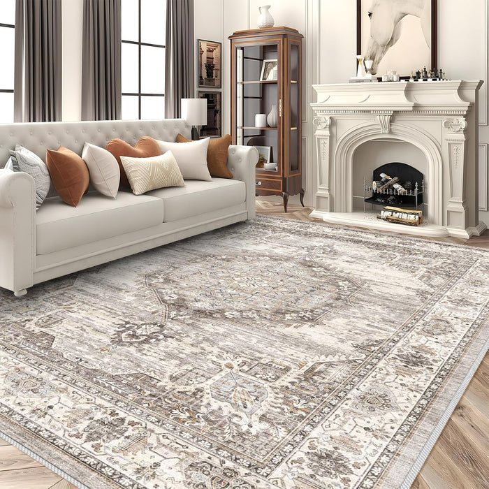 Area Rugs 9x12 Living Room:Machine Washable Rug - Soft Carpet for Bedroom - Waterproof Stain Resistant Vintage Distressed Area Rug 9'x12' Beige