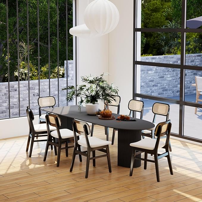 Black Rattan Dining Chairs Set of 4 Lambswool Dining Room Chairs Natural Wood...