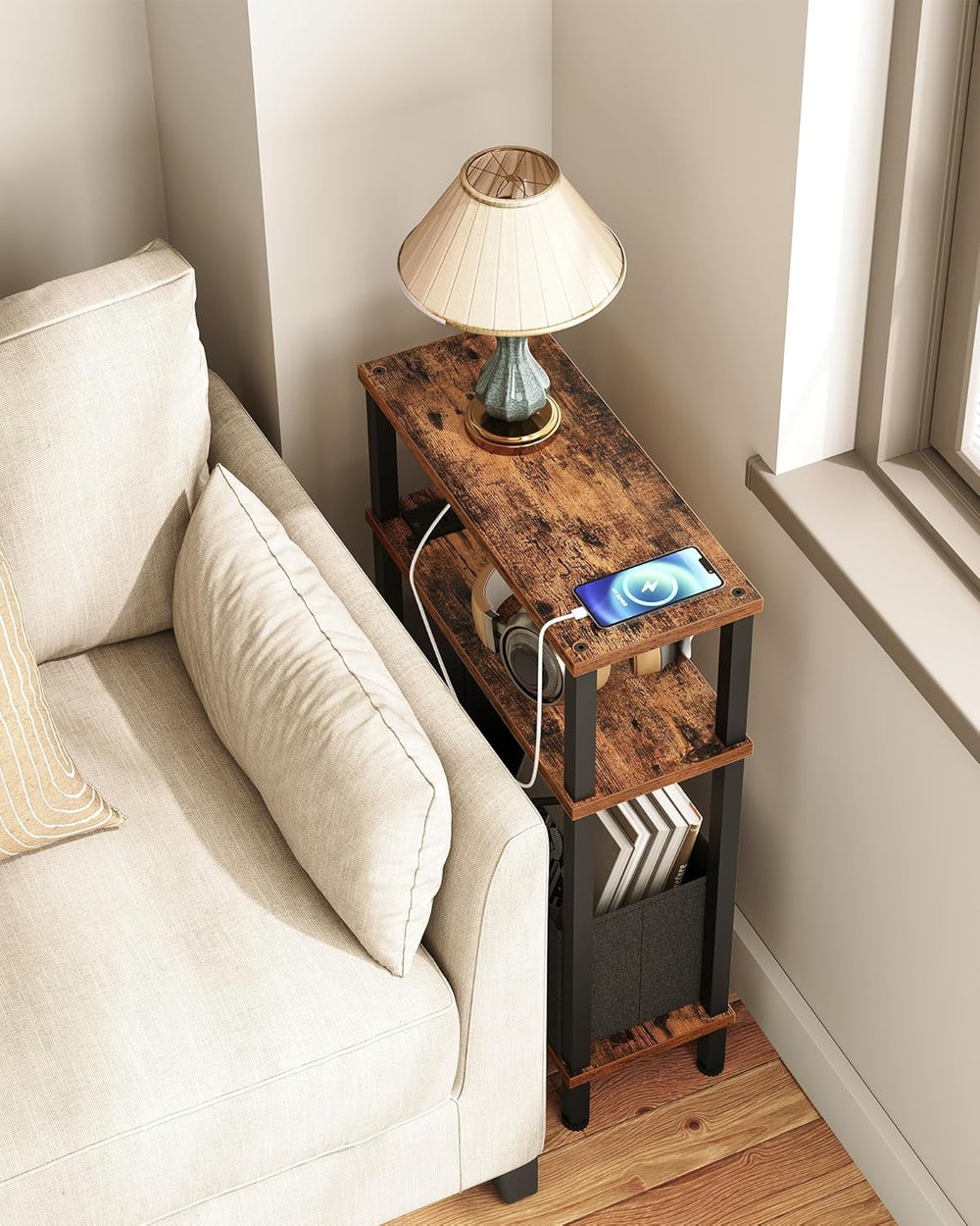 CHOEZON Narrow Side Table and Mini Fridge Stand with Storage, Skinny End Tabl...