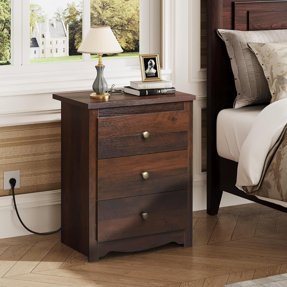 WLIVE Tall Nightstand with Charging Station, Wood Night Stand with 3 Drawers ...